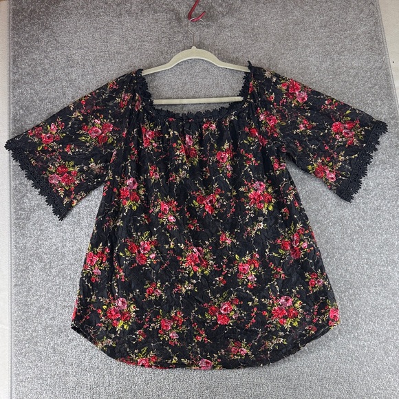 MIHOLL Tops - Miholl Short Sleeve Blouse Black Red Floral Semi Sheer Womens XXL